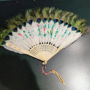 Chinese Folding Hand Fan, Hand Painted Peacock Feathers, 19th Century Antique